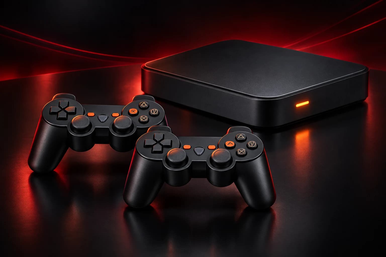 Console Retro Elite com dois controles em uma apresentação com iluminação vermelha