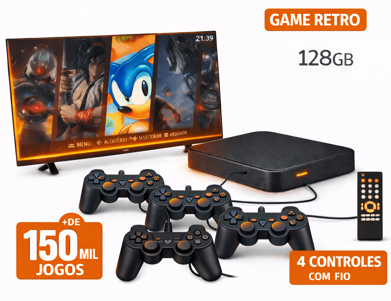 GAME 2 RETRO — 128GB · 4 controles com fio