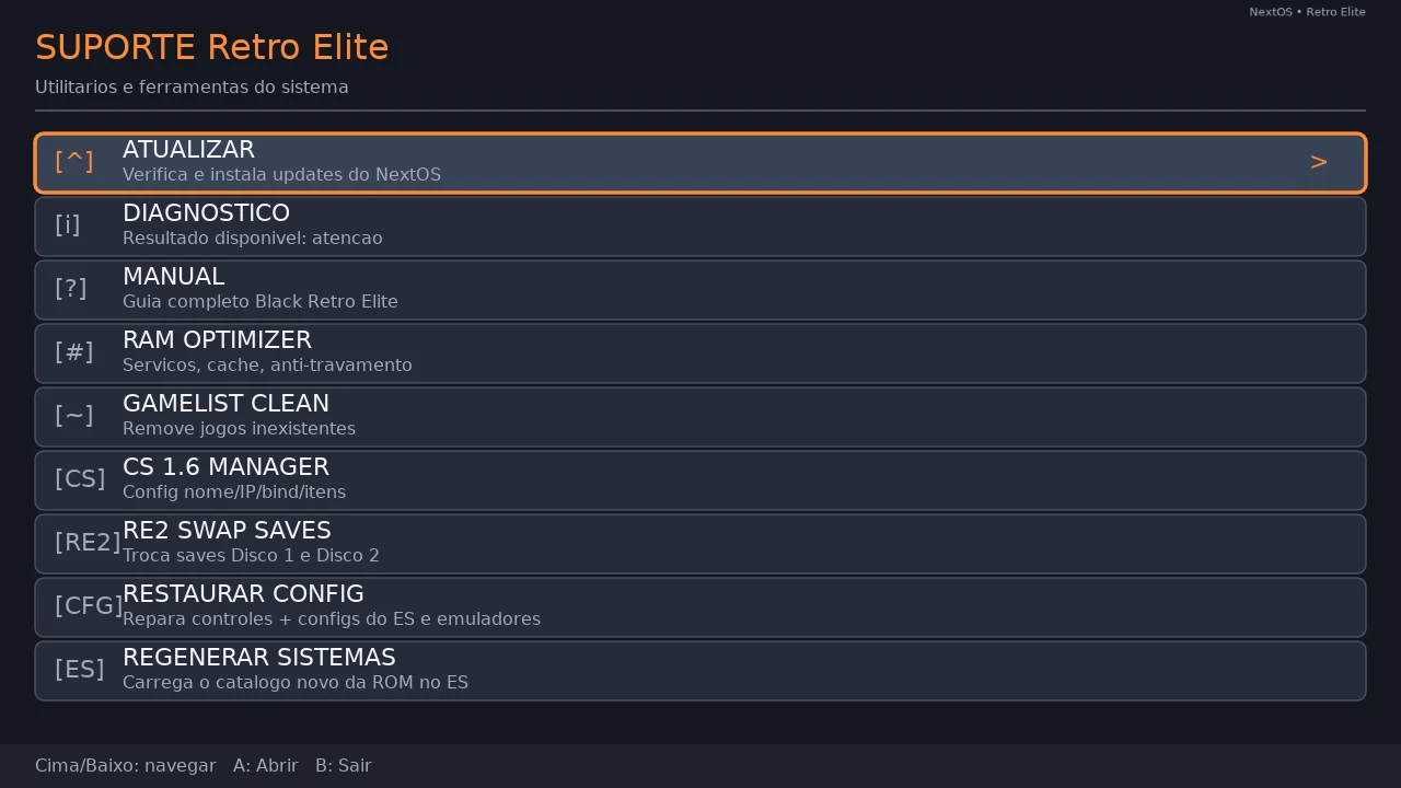 Aplicativo Suporte Retro Elite com a opção ATUALIZAR selecionada